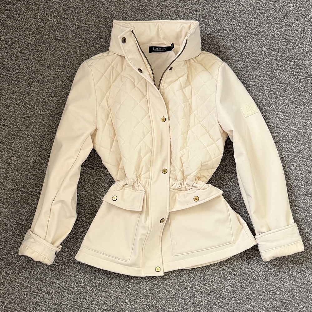 Lauren Ralph Lauren Cream Quilted Drawstring Waist Utility Jacket